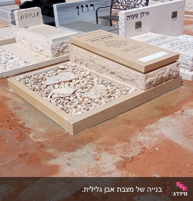 מצבות עם כיתוב בעברית ואבנים קטנות